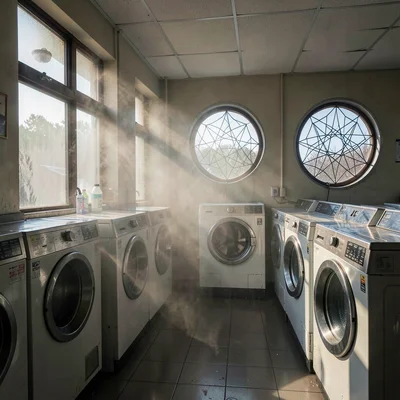 Morning light streaming through steamed laundromat windows