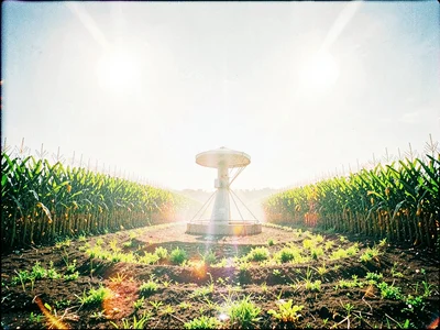 Irrigation pivot turning slowly across a circle of corn lit by light too bright
