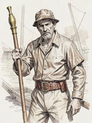 A weary ferryman grips brass-tipped pole, leather oilskin creased, copper-buckle