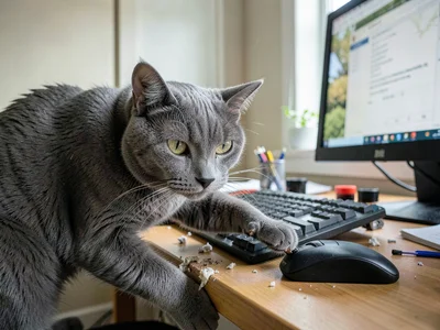 Grey Cat Batting Pen Off Desk