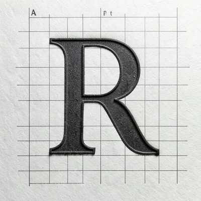 A capital letter R in 72pt Clarendon bold, deep impression into thick cotton pap