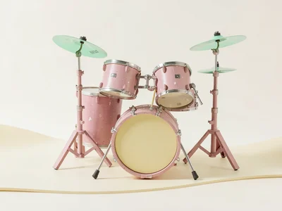 Drum-set dusty-pink lowpoly kit with mint cymbals and butter-yellow snare, chunk
