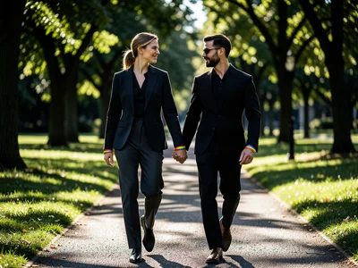 Couple holding hands walking through park, rainbow wristbands, natural light