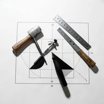 Workshop table with hammer, compass, and set square arranged in a strict triangl