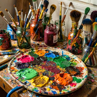Densely layered composition, rich saturated colors, Artists paint palette caked 