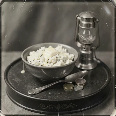A bowl of colcannon with a melting knob of butter beside a pewter spoon, a gutte