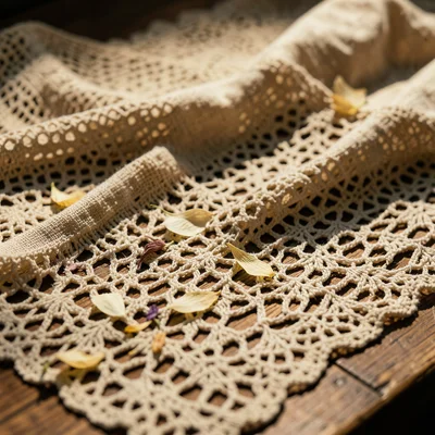 Vintage lace tablecloth detail — the intricate crochet pattern casting shadow fi