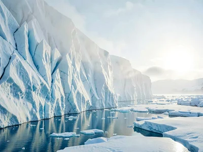 Thin pale fog clings to the upper third of a calving glacier wall, lower face li