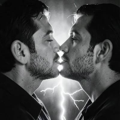 Two faces about to kiss, solarization applied at the moment of almost-contact, d