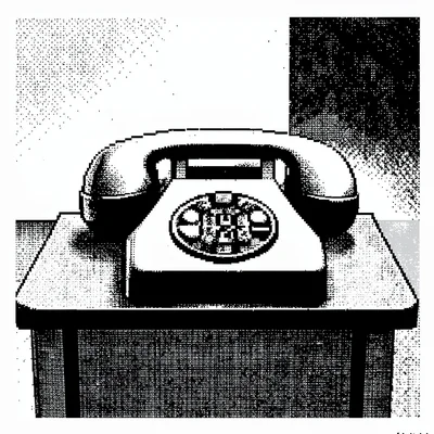 1-bit dithered illustration, telephone on desk , black and white only, dither pa