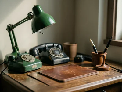 A vintage desk: a green banker's lamp, a rotary phone, a leather blotter, a foun