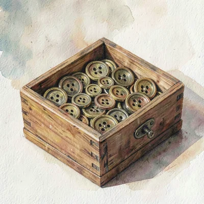 Product of a small wooden box of buttons in mixed horn and brass
