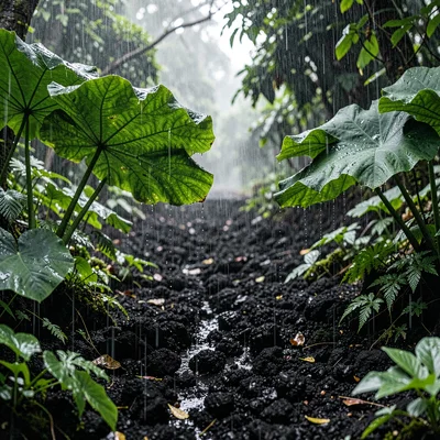 Stark black volcanic surfaces against verdant green, Rain falling on large eleph