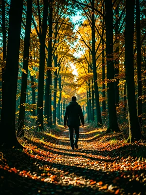 A figure walking through autumn forest, golden leaves catching low sun, deep tea