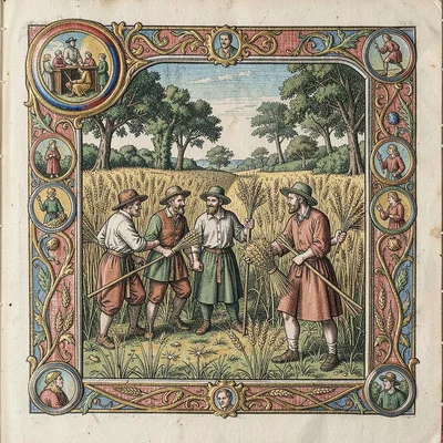 Harvest scene with peasants and wheat sheaves