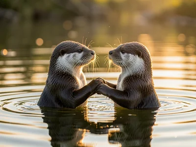 Pair of otters holding hands while floating in calm water, whiskers glistening