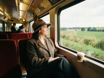 A train compartment with red velvet seats, a woman in a hat looking out the wind