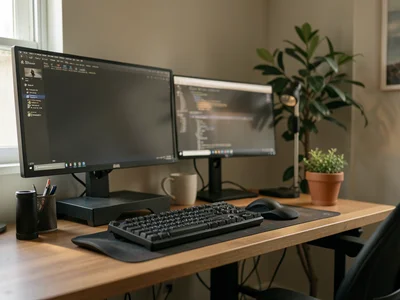 A developer's desk: dual monitors (off), a mechanical keyboard, a standing desk 
