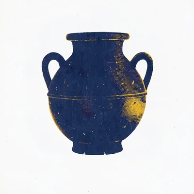 silhouette of a single ancient-pottery-vessel in mustard and indigo halftone, re