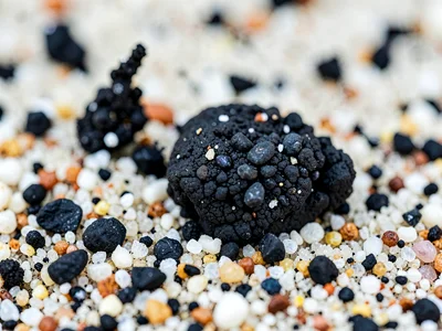 Black basalt sand grain among coral white