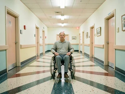 Wheelchair in empty hallway, perfectly centered, terrazzo floor pattern radiatin