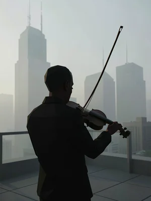 Shoulders-only silhouette of a violinist on a rooftop facing distant fog-wrapped