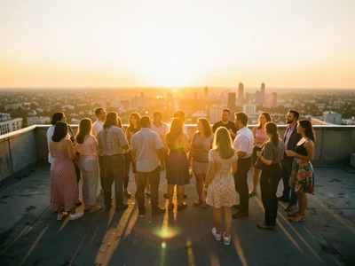 Golden hour pride gathering on rooftop, warm light on diverse group