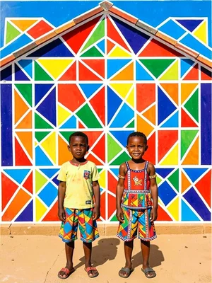 Two children standing in front of a painted homestead wall — wall fills backgrou