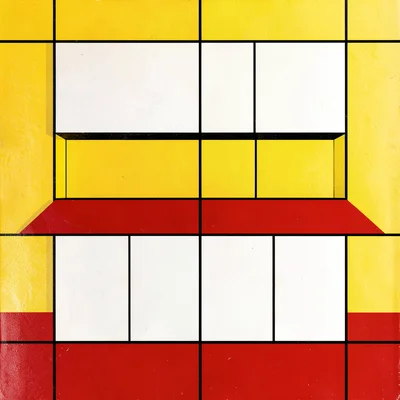 Kitchen counter reduced to red countertop, yellow wall, white cabinet rectangles