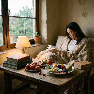 Cozy reading nook with person under blanket, rain on window, stacked books, warm