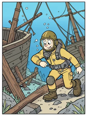 Deep sea diver at shipwreck
