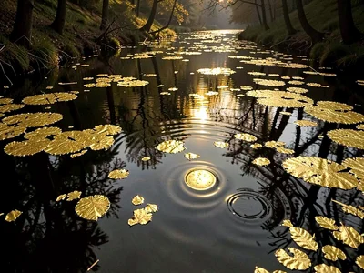 A dark forest pond surface with a gold reflection of the moon scattered across r
