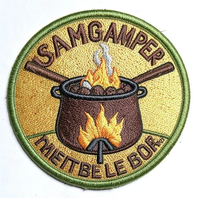 Embroidered patch illustration, Campfire cooking pot , merit badge aesthetic, em
