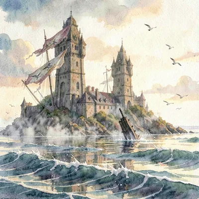 Sweeping vertical hero of a sinking shoreline kingdom at low golden dusk, half-d