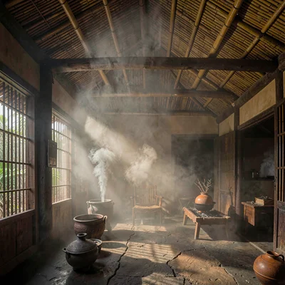 Dense atmospheric mist, rich earthy textures, Smoke rising through a slatted bam
