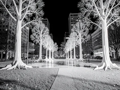 Urban park with alien white trees