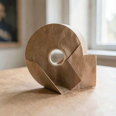 Folded paper record-shape sculpture against a kraft sweep, soft museum daylight