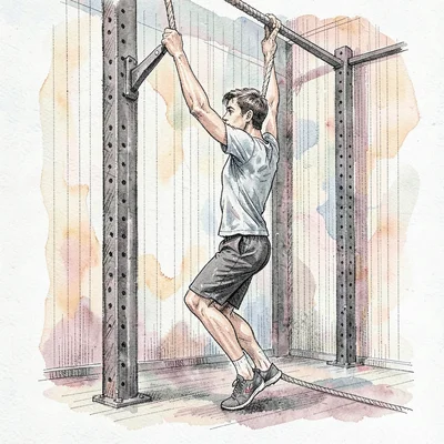 Hand-drawn ink illustration of a rope-climb in a tall garage gym, fine vertical 