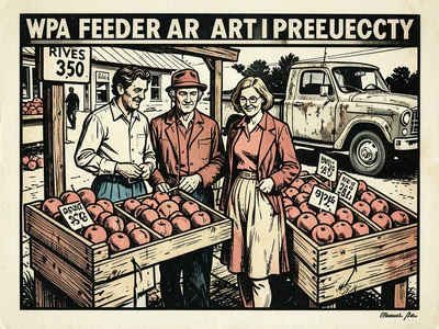 A family of four at a roadside fruit stand, wooden crates overflowing with peach