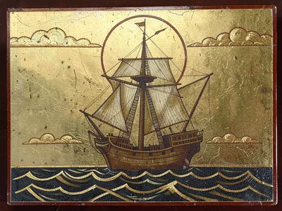 Ship at sea rendered in mosaic style — flat water, stylized waves, golden sky
