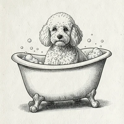 Pen-and-ink illustration of a fluffy poodle in a clawfoot tub with bubbles, fine