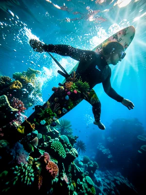 Surfer silhouette filled with tropical reef underwater scene, double exposure