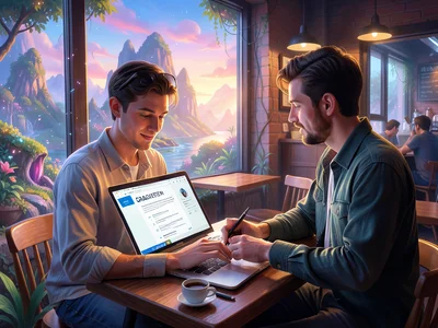 Graduate updating resume on laptop, coffee shop, new chapter