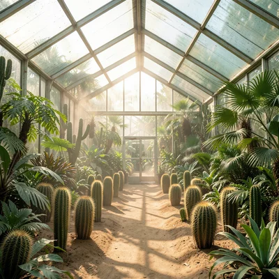 A cactus house: dry heat, rows of spiny specimens in sandy beds, the glass roof 