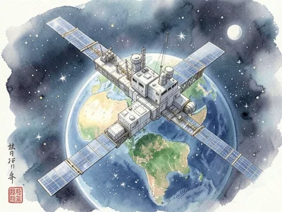 Space station orbiting Earth, tilt-shift making it look like model kit