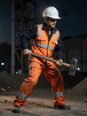 Construction worker in contraposto stance with sledgehammer, rim light on hard h