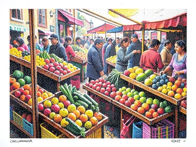 Market stalls packed with fruit and vegetables, the crowd rendered as a dense do