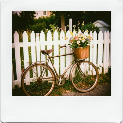 A vintage bicycle with a basket of wildflowers, leaning against a white picket f