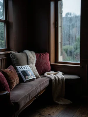 Cozy reading nook with a window seat, cushions, and a rainy day outside
