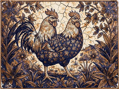 Batik roosters in garden